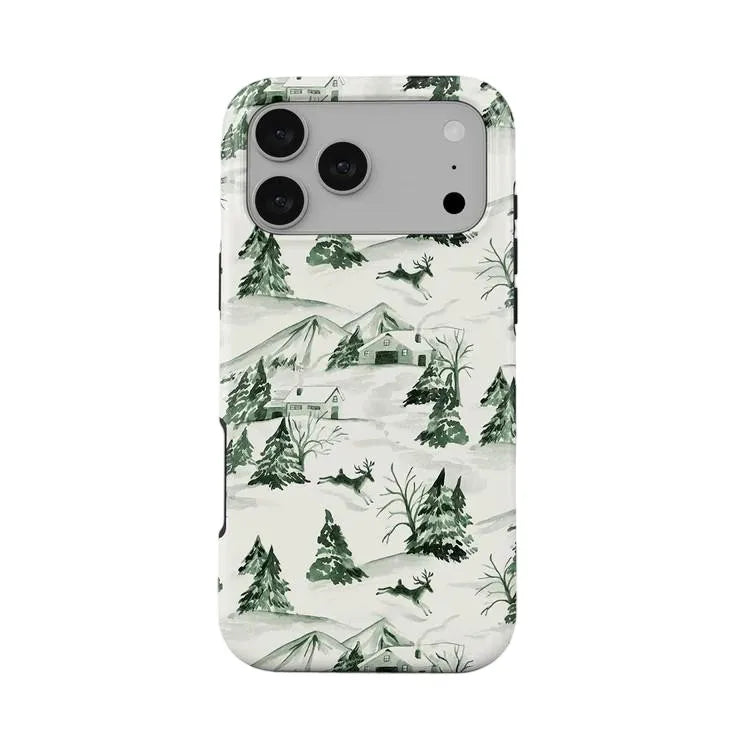 Funda de doble capa para iPhone con motivo de montaña y bosque invernal
