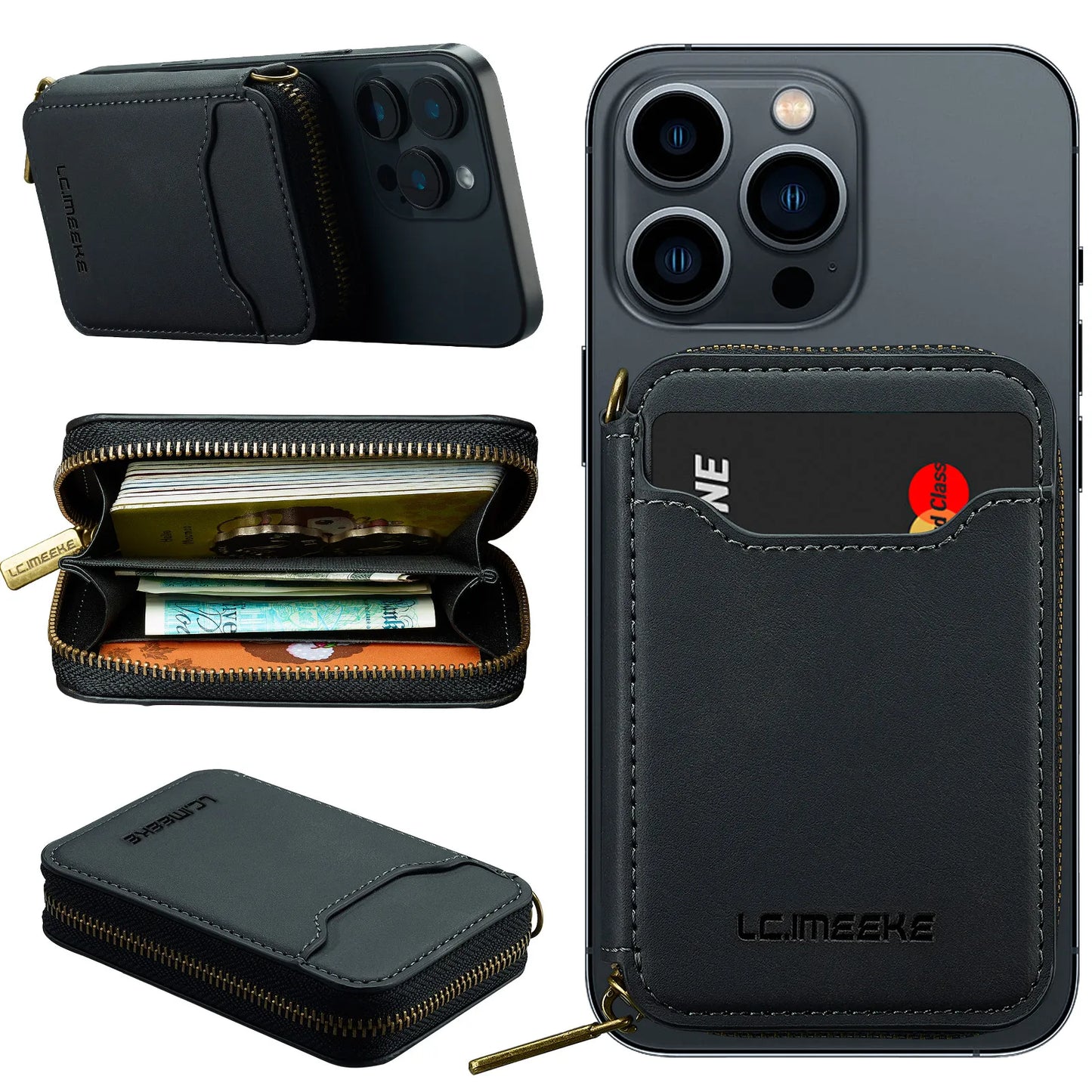 Magnetic Attraction Zipper Leather Card Slot Wallet for iPhone 17 Samsung Galaxy Google Xiaomi Phone MagSafe Magnetic Phone Bag