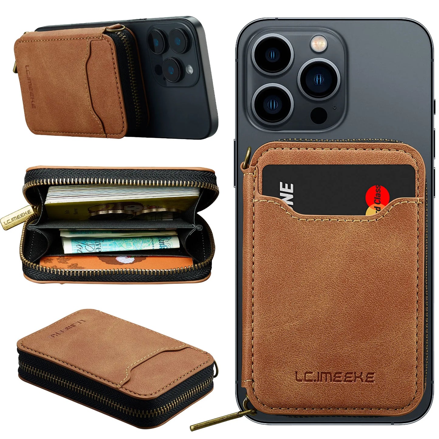 Magnetic Attraction Zipper Leather Card Slot Wallet for iPhone 17 Samsung Galaxy Google Xiaomi Phone MagSafe Magnetic Phone Bag