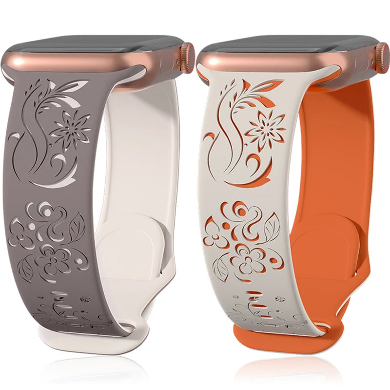 Correa de reloj Apple de silicona grabada con flores